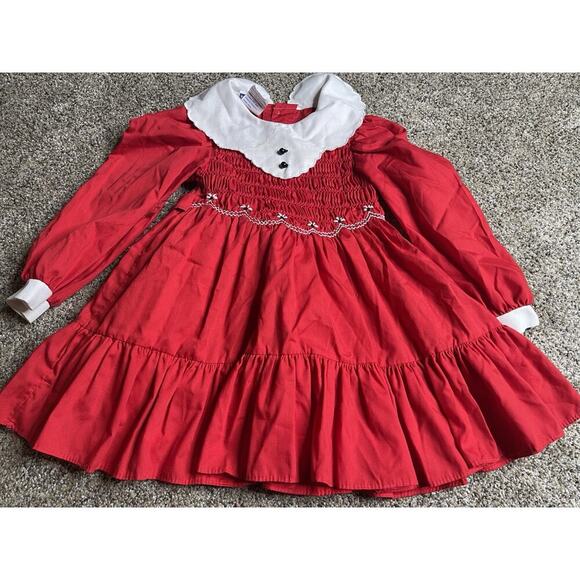 Vintage Polly Flinders Bright Red Smocked Dress Embroidery Toddler Size 4 - Picture 2 of 4